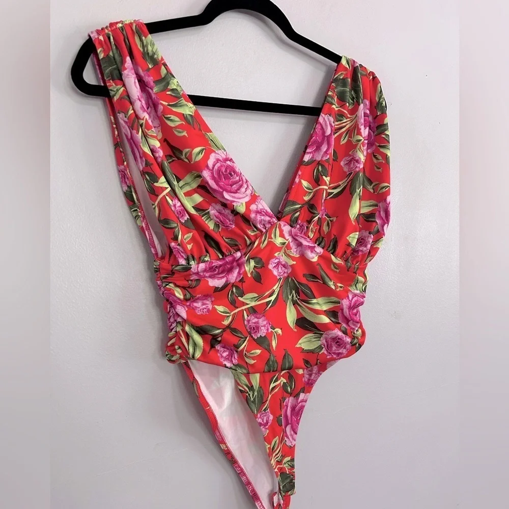Zara Red Floral Print Draped Bodysuit Women’s Size Medium NWT Blogger Fav